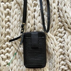 Genuine Leather Black Woven Crossbody Phone Bag - Women